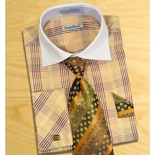 Daniel Ellissa Brown Checker Pattern Two Tone Shirt / Tie / Hanky Set With Free Cufflinks DS3766P2.